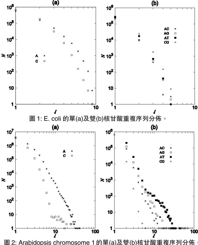 圖 1: E. coli 的單(a)及雙(b)核甘酸重複序列分佈。 