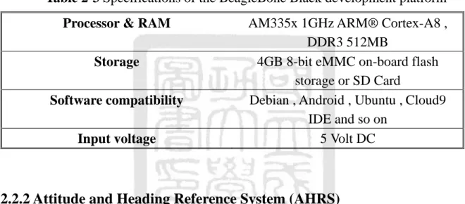 Table 2-3 Specifications of the BeagleBone Black development platform  Processor &amp; RAM  AM335x 1GHz ARM® Cortex-A8 , 