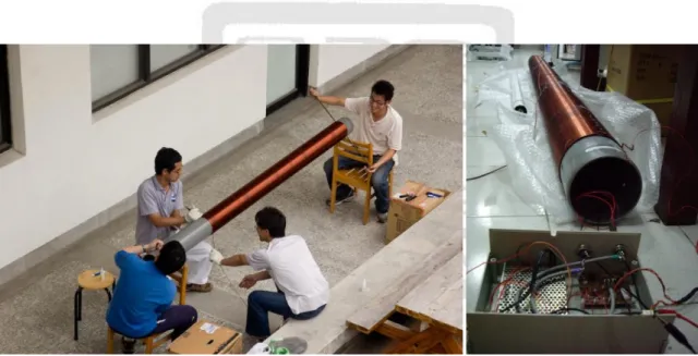 Figure 2-8. Photographs taken during the EMI-BF4 coil calibration processes; (left): winding of the  solenoid for the generation of the uniform magnetic field to be used in the calibration; (right): the  calibration of the repaired antennas