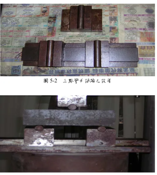 圖 5-2  三點彎曲試驗之設備  圖 5-3  三點彎曲試驗設備裝置於萬能試驗機上示意圖  (註：設備上接於試驗機之加載端，下置於試驗機之圓盤上)  1.  矽酸三鈣晶體          矽酸三鈣晶體(C 3 S)乃水泥熟料之主要礦物，決定其強度特性，也是影響水泥性質最 主要的因素。  C 3 S 有六種變相，其中有兩種高溫變相見於水泥熟料中；此兩種變相與 無關係之原子結合而獲安定。  2