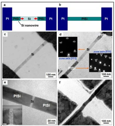 Fig. 2  Formation of single crystal PtSi nanowire and PtSi/Si/PtSi  nano-heterostructures with varying length of the Si region