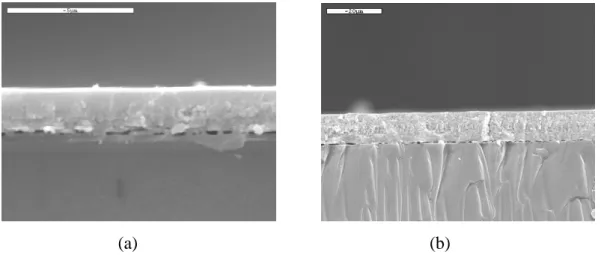 Figure 4.  Cross-sectional SEM image: (a) 2 µm-thick PZT film (scale bar represents 5 µm); (b) 10  µm-thick PZT film (scale bar represents 20µm)