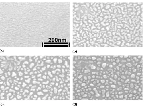 FIG. 1. SEM images on the surface of Au (5 nm)/p-GaN samples (a) as-deposited, and after annealing at (b) 200 °C, (c) 250 °C, and (d) 300 °C in N 2 ambient for 5 min.