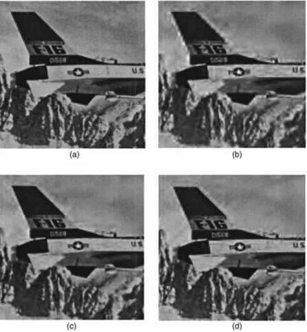 Fig. 8 共a兲 “F16,” 共b兲 compressed image 共0.098 bpp,27.34 dB兲, 共c兲 filtered image 共0.186 bpp,30.61 dB兲, and 共d兲 JPEG2000 compressed image at a bitrate accounting for the side information overhead 共0.186 bpp,30.31 dB兲.