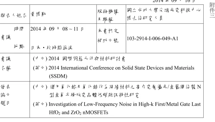 表   Y04  科技部補助國內專家學者出席國際學術會議報告                                                          2014 年 09 月 16 日 報告人姓名  黃博勤 服務機構及職稱 國立成功大學尖端光電科技中心博士後研究人員     時間 會議     地點 2014 年 09 月 08 ~ 11 日 日本‧坎城縣筑波本會核定補助文號  103-2914-I-006-049-A1 會議名稱  (中文) 2014  國際固態元件與材料研討會 