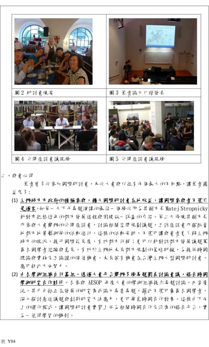 圖 2 研討會晚宴  圖 3 筆者論文口頭發表  圖 4 公開座談會議現場  圖 5 公開座談會議現場  二、與會心得  筆者曾多次參加國際研討會，本次大會與以往有兩個最大的不同點，讓筆者獲 益良多:  (1) 主辦城市市政府的積極參與，擴大國際研討會在地效益，讓國際參與者不僅只 是過客。如第一天下午專題演講的最後一個場次即為其副市長 Matej Stropnicky 針對布拉格近年的都市發展進程與困境做一詳盡的介紹。第二天傍晚其副市長 亦參與大會舉辦的公開座談會，討論相關空間規劃議題，且該座談會亦搭配當 