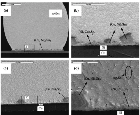 FIG. 3. Images of the Sn–Ag–Cu samples soldered at 240 °C: (a) the cross-section image after 5 reflow cycles, (b) the magnification of region B in (a), (c) the cross-section image after 10 reflow cycles, and (d) the magnification of region C in (c).