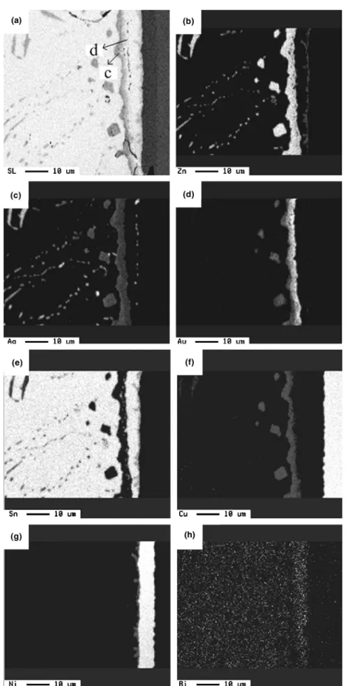 FIG. 8. Elemental analysis at the interfacial area of the specimen soldered at 210 °C after 100 h aging at 150 °C: (a) backscattered electron image (c farther from the interface and d closer to the interface), (b) Zn, (c) Ag, (d) Au, (e) Sn, (f ) Cu, (g) N
