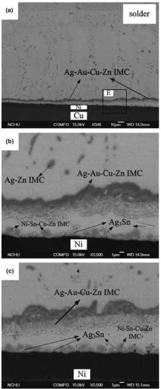 FIG. 10. Cross-section images of the Sn–Ag–Cu/Sn–Zn–Bi samples aged at 1000 h (a) at the interface and (b, c) in the solder areas.