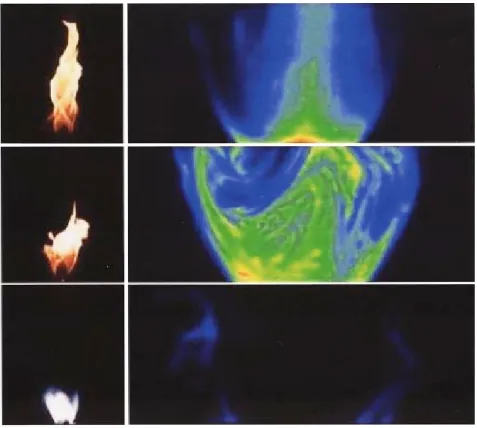 Fig. 5 Photographs and single-pulse 2-D LIPF qualitative imaging of OH in S ⫽ 0.7 swirling methane jet flames for MR ⫽ 1.50 (top), 0.67 (middle), and 0.14 (bottom)
