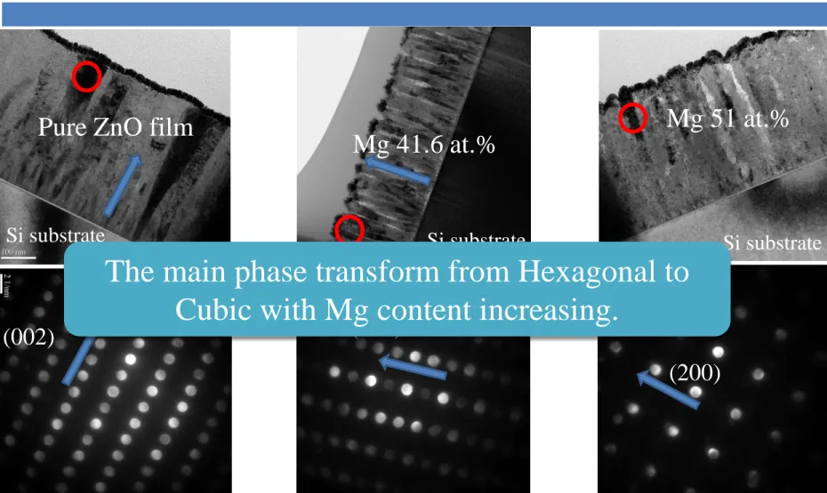 Figure 5. Cross-sectional TEM bright-field image and nano beam diffraction patterns of pure ZnO  and MgZnO films deposited on Si substrate at various Mg concentrations