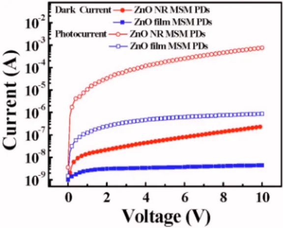 FIG. 5. 共Color online兲 Measured spectral reponsivities of the ZnO MSM PDs at 5 V applied bias.