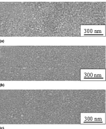 FIG. 4. Scanning electron micrographs on the surfaces of as-deposited (a) Cu/SiO 2 / 〈Si〉, (b) Cu(0.2 at.% Zr)/ SiO 2 / 〈Si〉, and (c) Cu(2.5 at.%