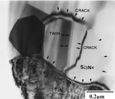 Figure 11 shows that it is possible to have cracks propagate between silicon nitride and titanium nitride under the compression load