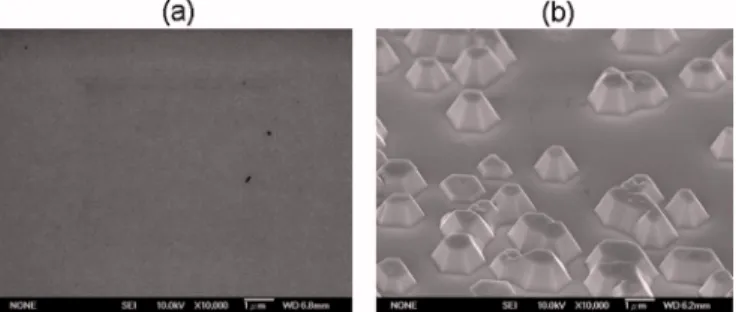 FIG. 1. Top-view SEM micrographs of the InGaN/ GaN LEDs 共a兲 without and 共b兲 with Mg-treatment process.