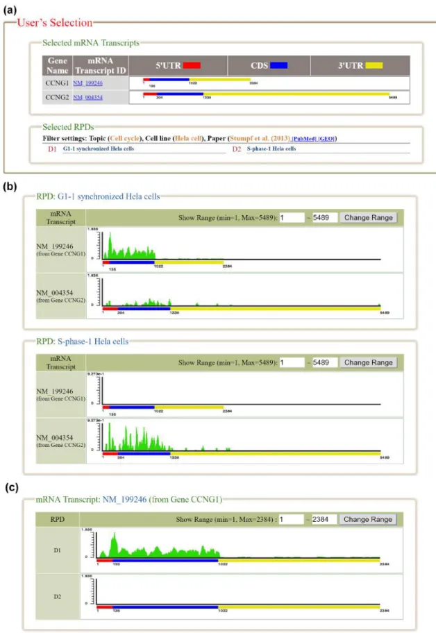 Figure 3. The result page of the search mode. (a) The information about the selected mRNA transcripts and  RPDs is provided