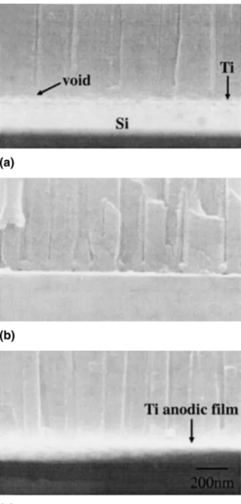 Figure 5 shows the SEM images of the alumina–Si interface on the Al–SiO 2 –Si substrate anodized at 60 V.