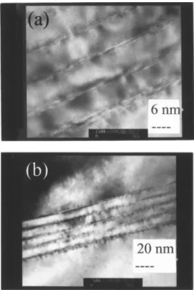 FIG. 1. Transmission electron micrographs of quantum-well structure: 共a兲 high-resolution transmission electron micrograph bright field images,  show-ing well and barrier width of 10.2 nm, black contrast resultshow-ing in strain between the well and barrier
