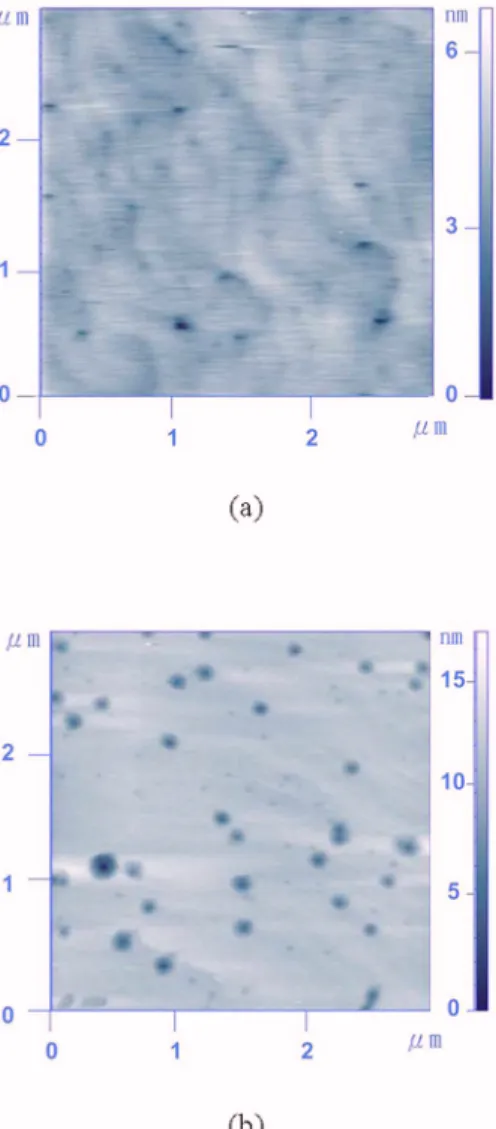 FIG. 1. 共Color online兲 AFM images of the etched 共a兲 sample A and 共b兲 sample B.