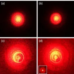 Fig. 4. Beam images on the screen diffracted from (a) 45-, (b) 72-, (c)120-, (d) 180-fold helical spiral  phase plates probed using an expanded He-Ne laser