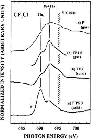 FIG. 3. Continuous-time F + PSD spectra 共which extends the series of Fig. 2 兲 of CF 3 Cl adsorbed on a Si 共111兲-7⫻7 surface at 30 K as a function of photon exposure using 681– 704 eV photons