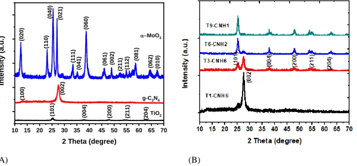 Figure 1 (A) shows the XRD patterns of the obtained TiO 2  mesoporous beads, g-C 3 N 4  NPs, and MoO 3