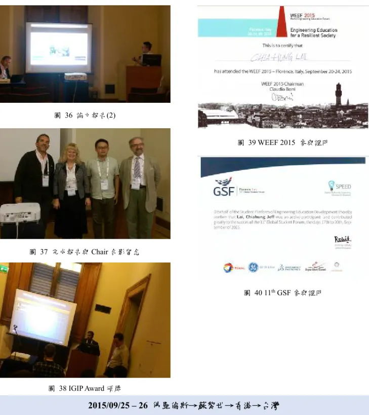 圖  36  論文報告(2)  圖  37  完成報告與 Chair 合影留念  圖  38 IGIP Award 頒獎  圖  39 WEEF 2015  參與證明 圖  40 11th GSF 參與證明  2015/09/25 – 26  佛羅倫斯→蘇黎世→香港→台灣  從這次出國，了解到下一次的論壇舉辦國家韓國對於工程教育的投入，不只是學者組成學會 承辦該會議，另外也籌組了韓國青年優秀工程師學會承辦學生論壇，回想我國，投入工程教育的 人民組織印象中只有中國工程教育學會及台灣工程教育學會，因此當下就決定