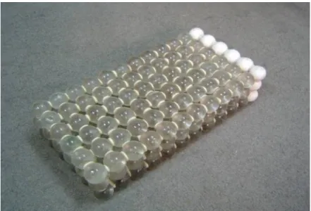 圖 1 透水結構物(γ=0.475，D=25mm)  圖 2 水槽佈置與結構物尺寸及座標示意圖  表 1 各組之試驗條件  試驗組試驗組試驗組 試驗組  孔隙率孔隙率孔隙率 孔隙率  入口流速 入口流速 入口流速入口流速 (cm/s)  福祿數福祿數福祿數 福祿數  雷諾數雷諾數雷諾數 雷諾數  流量流量流量 流量 (cms)  A  0.475  37.47  0.3  59953  0.035  B  0.349  37.45  0.29  61418  0.035  C  0  37.45  0.29