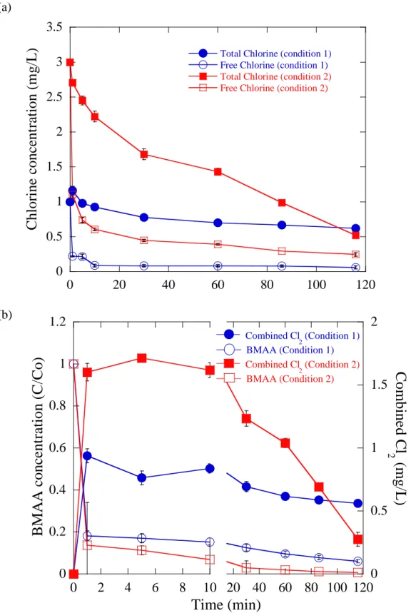 圖 4- 1. Changes of (a) total and free chlorine levels and (b) BMAA and combined  chlorine concentrations with time