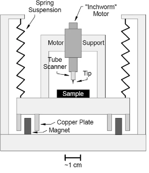 Fig. 6 Common elements of an STM, including a tip mounted on a piezoelectric tube scanner, a coarse  approach mechanism (in this case an “inchworm” motor), and a damped vibration isolation system