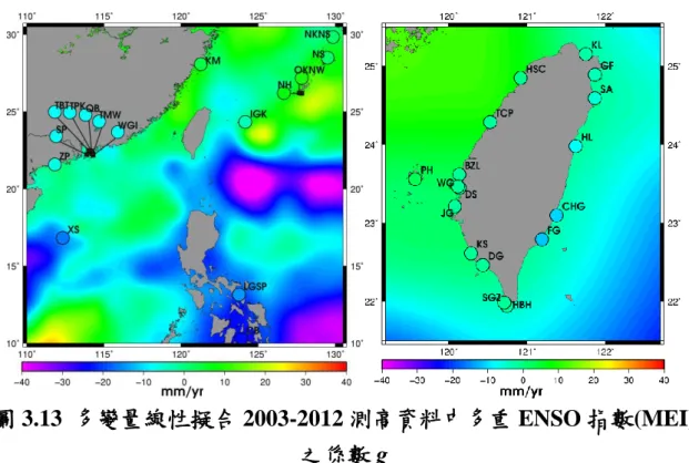 圖 3.13  多變量線性擬合 2003-2012 測高資料中多重 ENSO 指數(MEI) 之係數 g 