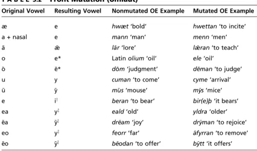 Table 5.2 summarizes the effects of front mutation. Note that the examples of words with mutated vowels show no following /i/ or / j/