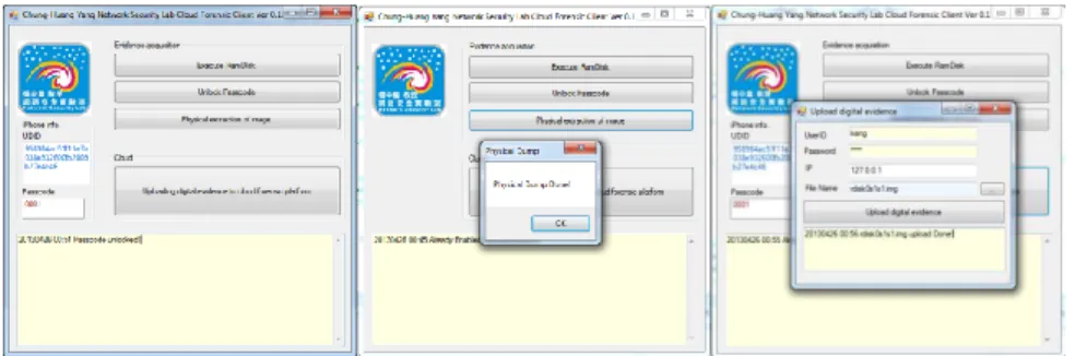 Fig. 7. Unlock Passcode, physical dump and upload to cloud    Physical extraction of image (Physical Dump): 