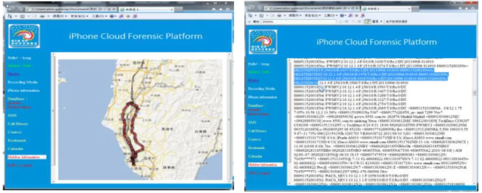 Fig. 13.    Hidden Information in iPhone：GPS location, Deleted SMS 