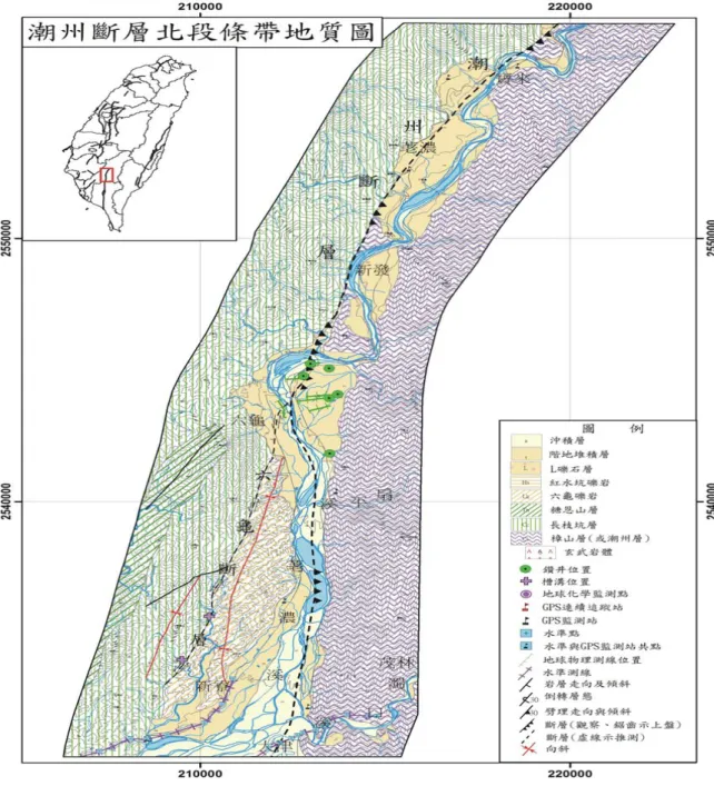 圖 2.4-1： 潮州斷層條帶地質圖。A：北段，潮洲斷層又稱土壟灣斷層。（座標系統：TWD67， Google ） 