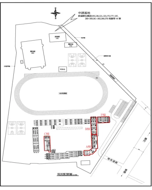 圖 3.2-1 朝陽國中補強工程施作基地全貌圖（本圖感謝陳嘉晉建築師事務所協助繪製）  表 3.2-1  建築物補強前耐震能力評估結果彙整表  學校名稱  屏東縣立朝陽國民中學  校舍名稱  A、B、C、F 棟  時        間  98