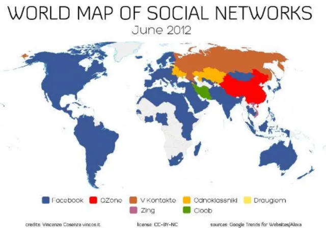 圖 1-2    facebook 主 導 世界 社 交網 路地 圖   資 料 來源 ： Cacafly 市 場 研 究 中心 ,2012 
