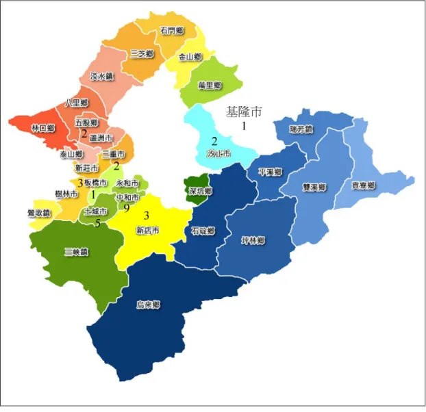 圖 3.1.3 台北縣集團企業母公司區位分布圖  （二）集團企業子公司區位分佈情況  從圖 3.1.4 集團企業子公司台北市區位分布圖可看出，中山區有 191 家集團 企業子公司為最多，其次為松山區有 111 家，接下來為大安區有 108 家，中正區 有 75 家，內湖區有 65 家，信義區有 51 家，大同區有 22 家，南港區有 17 家， 士林區有 10 家，北投區有 7 家，最少的是萬華區，只有 3 家集團企業子公司在 此區設立，集團企業子公司在區位分布上，偏重於台北市舊市區的部份，像是中 山區、松