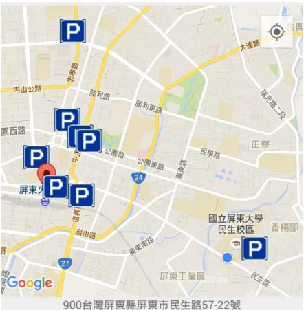 圖 4-7  使用者位置圖  在推薦系統中，我們選擇走路距離、開車距離、停車空位數、每小時收 費作為停車場的屬性值以計算推薦最佳停車空位。根據多屬性決策演算法， 我們先將停車場的屬性值做一個決策矩陣並正規化決策矩陣
