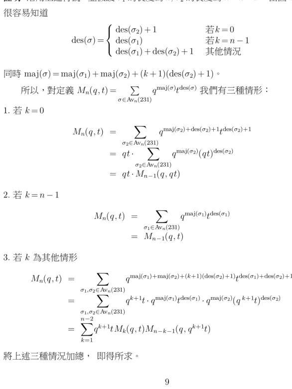 圖 2.2. σ ∈ Av n (231) 接著我們證明定理 1.1： 證明. 沿用上述符號，並假設 σ 1 的長度為 k, σ 2 的長度為 n − k − 1。 由圖 2.2 我們 很容易知道 des(σ) = ⎧⎨ ⎩ des(σ 2 ) + 1 若k = 0des(σ1) 若k = n − 1 des(σ 1 ) + des(σ 2 ) + 1 其他情況 同時 maj(σ) = maj(σ 1 ) + maj(σ 2 ) + (k + 1)(des(σ 2 ) + 1)。