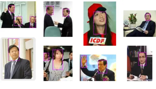 圖 8    圖 7 經篩選後之膚色區塊  三三三 三.  比對原始網頁比對原始網頁 比對原始網頁文字比對原始網頁文字 文字 文字 在這個階段，我們連結至 Google 回傳圖片所在之原始網頁，將該網頁內的所有文字 取出來。假使該網頁為個人資料網頁，通常網頁上會出現一些如表 2 及表 3 所列的關鍵 字。因此我們將每一張圖片所在之原始網頁內的文字與表 2 及表 3 所列之關鍵字進行比 對，計算其所出現關鍵字之數目。然後我們把第二個階段之排序結果分成有臉孔與無臉 孔二個部分，並且分別以原始網頁所出現關鍵字數目