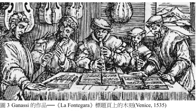 圖 3 Ganassi 的作品──《La Fontegara》標題頁上的木刻(Venice, 1535) 資料來源：蔡曄琳（2005）。木笛小百科。臺北：世界文物。  於巴洛克時期(Baroque)，木笛已製造為能拆解的兩節式或三節式，此一設計 便於吹奏者依據自己的手型調整音孔的位置，故此設計沿用至今仍相當實用。於 結構上，管身內徑較小，吹嘴由圓筒狀改為圓錐狀，如同鳥嘴一般較為寬扁，氣 窗較小，能使音域變得較寬廣，可吹奏出超過兩個八度的音域，吹奏高音變得更 加容易，而音色則由柔和轉為明亮、清晰。  而音孔也