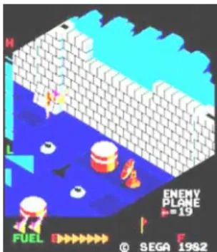 圖 3  《Zaxxon》最早表現出「45 度俯瞰視角」的電子遊戲  圖片取自 http://www.thocp.net/software/games/pictures/zaxxon_large.jpg  Norman(2005)指出電玩遊戲是具備互動敘事結構與娛樂的混種媒體。Fontana(2003)認為人 類是有意識的創造象徵與隱喻的神話故事。而 Jung(1954)也指出，故事、神話皆是人透過自然 神性的體現，來調整自我保持健康和諧的心理狀態。Huizinga(1998)也認為遊戲是把對現實的想 像(