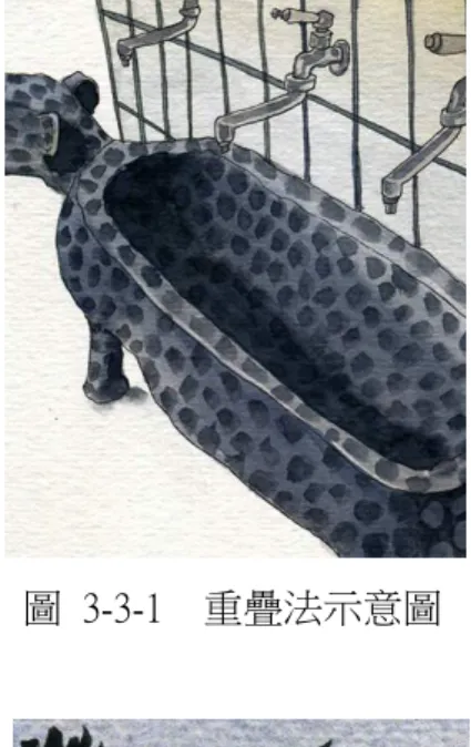 圖  3-3-1    重疊法示意圖 	   圖  3-3-2    渲染法示意圖 	  如 ： 甘 豐 裕 、 黃 孟 新 、 簡 忠 威 、 黃 進 龍 … … 等 。 他 們 跳 脫 當 時 渲 染 （ 以 席 德 進 、 張 杰 為 代 表 ）與 不 透 明 (以 李 澤 藩 為 主 )的 範 疇 ， 以 重 疊 法為 主 ， 配 合 渲 染 法 、 濕 中 濕 、 乾 擦 法 的 技 法 改 變 以 前 的 水 彩 繪 製 過程 ， 甚 至 研 發 各 種 創 意 技 法 ， 每 人 都 有 