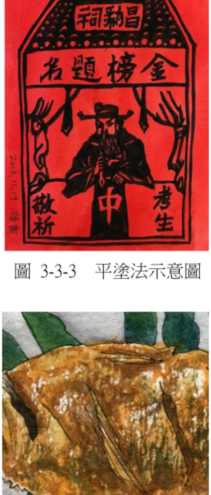 圖  3-3-3    平塗法示意圖 	   圖  3-3-4    乾筆法示意圖 	   圖  3-3-5    縫合法示意圖 	      3 .   平 塗 法      用 畫 筆 將 色 彩 一 塊 一 塊 地 依 次 填 到 分 割  畫 面 上 ， 不 重 疊 、 不 渲 染 ， 界 限 清 楚 ， 運 筆  時 ， 方 向 、 筆 觸 、 紋 理 減 到 最 少 ， 甚 至 沒 有 ，  每 一 個 塊 面 的 色 彩 絕 對 均 勻 ， 達 到 一 種 單 調 、  規 律 、 齊 