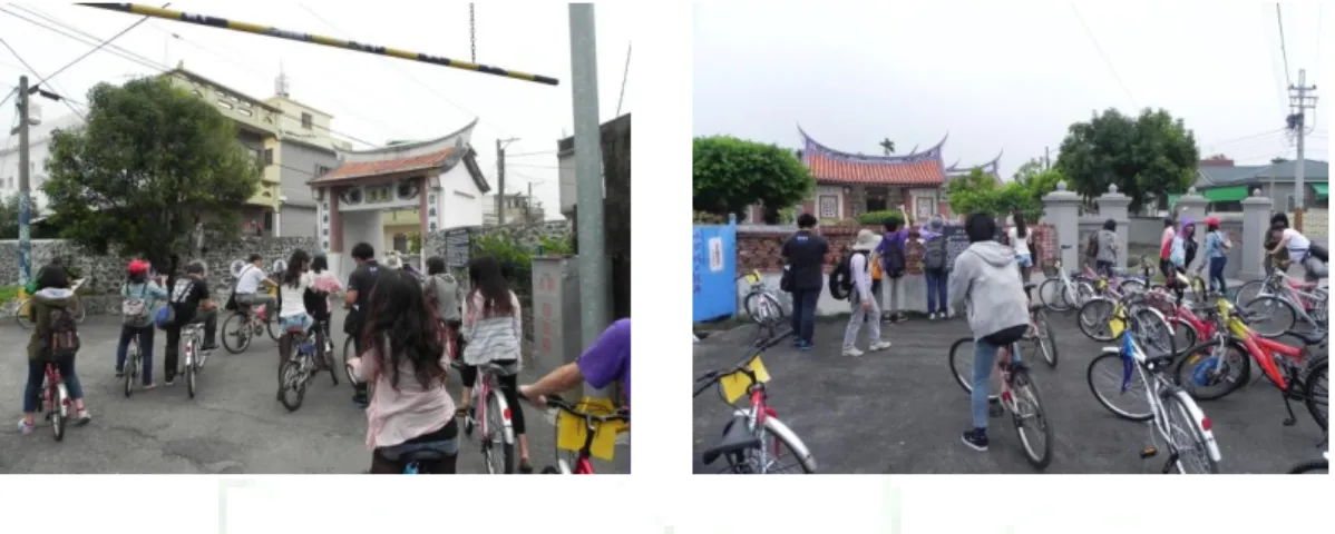 圖 4-5-23    騎鐵馬遊西柵門（本研究拍攝）  圖 4-5-24    騎鐵馬遊楊氏宗祠（本研究拍攝）          除了此次義大的行程之外，筆者參加第二次的「2013 年經濟部水利署地層 下陷區環境生態活動」 ，則是以地層下陷的行程為主，除了剛剛的行程之外，還 加入了繫家伙房，並全程以腳踏車為交通工具，更顯得漫步在客庄的悠閒自在。  三、六堆觀光協會如何設計遊程          六堆觀光協會這幾項的行程裡，大部分都是以佳冬蕭孛為中心點，往外擴散， 像筆者參與的「六根庄聚落文化導覽」 ，除了佳
