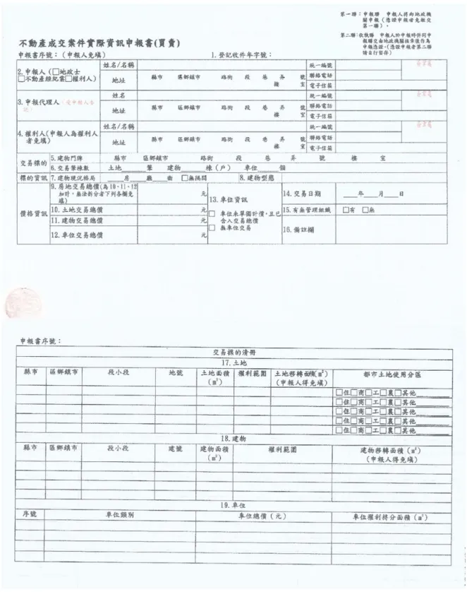 圖 3- 2 買賣實價登錄申報圖  資料來源：內政部申報登錄手冊      2.租賃案件 