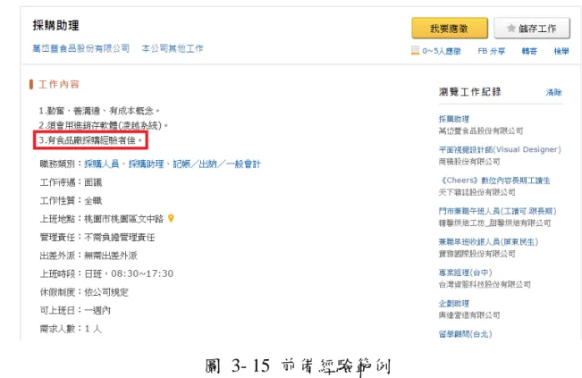 圖  3- 15  前備經驗範例  資方與勞方皆抽樣完畢後即進入正規化概念分析，雙方之正規化概 念分析於下一節說明。  第五節  評分者信度  本研究資方與勞方的樣本數共計 1000 筆，為確保所抽樣的結果客觀 且具有一定信度，因此本研究將所有樣本交由評分者 A 與評分者 B 進行 評分者信度(inter-rater reliability)。信度指的是衡量結果的一致性或者穩定 性(周文賢，2004)，而評分者信度指的是若對於測量無法客觀的計分，再 進行研究時，有關於類目歸屬的判斷會涉及到評分者的主觀判斷時