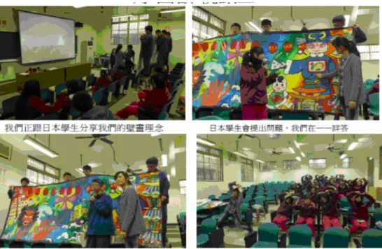 圖 4-9 B 教師學生與日本學生視訊相互問問題(DTB1030324)。      綜合上述，老師的評分方式不光是以傳統紙筆成績為依據，而更添加多元智 慧的評量，利用學生作品及互動過程來評量學習成效。A 教師喜歡請學生用簡報 方式、交換信物、視訊等敘述各組作品當作我評量學生學習的依據。B 教師國際 壁畫專案為例，老師評量學生們對英文學習過程的投入程度，及同儕之間的合作 度。雖然有少數學生無法在英文上有所貢獻，這些學生們可能在其他方面有些專 長，例如:電腦、美工、溝通或整合等。此外，教學評量也結合學習單的設