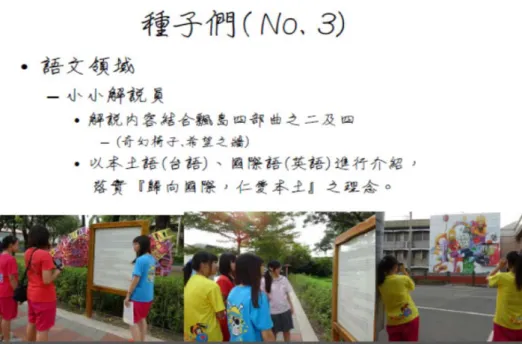 圖 4-4 B 教師學校裡的小小解說員(DTB1030520)。  藉由小小解說員的活動，他們去找老師導覽，並講給老師聽，同時請老師寫 下英文回饋單，老師壓力很大，但是學生會教他，當老師想說英文卻不知道 如何表達時，學生就會跟他說，這句英文怎麼寫，我還特地稱讚去找老師那 幾位同學很棒!老師的英文也很棒，接著學生就會反駁，那是我們教老師的!  反而給他希會能夠與老師多點互動，而且也讓更多老師知道我們的活動 (INB1030530)。  我們利用園遊會時，讓孩子去做一個國際議題的探究，利用園遊會的時候做 宣導跟